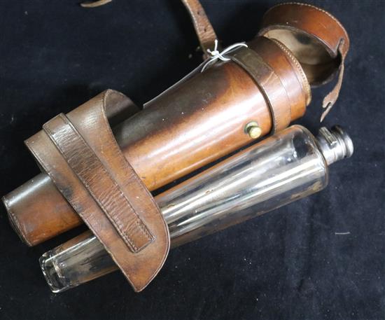 A late Victorian silver mounted tapered glass hunting flask, with leather outer carrying case, James Dixon & Sons, Sheffield, 25cm.